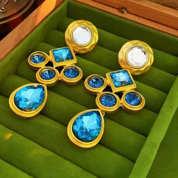 Coco Gold Diva Blue Crystal Avantgarde Earrings - Picture 1 of 6